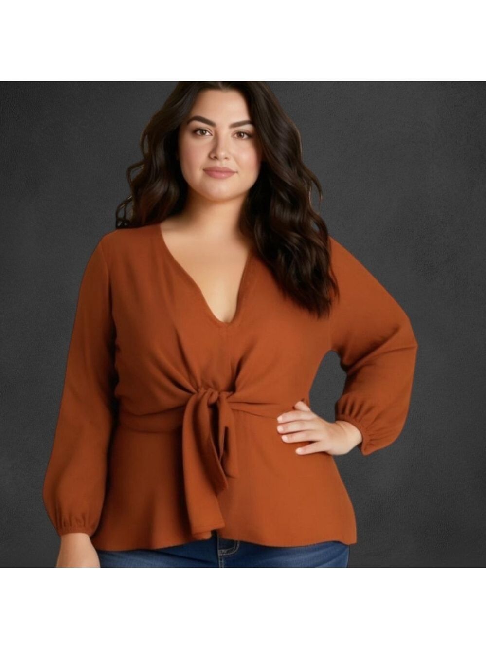 Forever 21 Brown V-Neck Knot Front Blouse Long Sleeve Top 0X